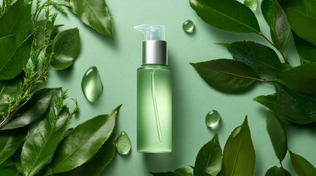 Refreshing green skincare product surrounded by natural leaves on a soft green backgroundの素材