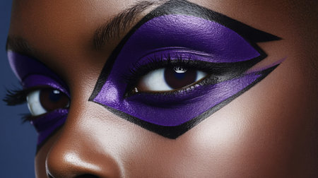 Stunning close-up of bold purple eye makeup highlighting creativity and artistryの素材