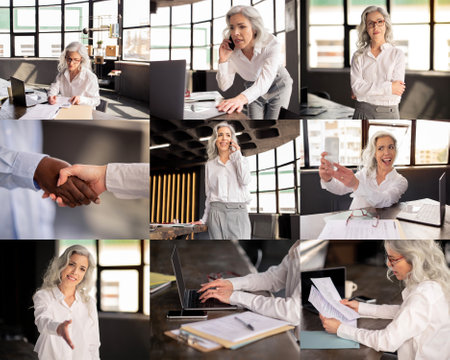 Professional Woman Engaging in Various Business Activities in Modern Officeの写真素材
