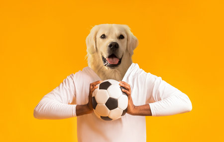 Playful Golden Retriever Dog Holding Soccer Ball Against Yellow Backgroundの写真素材