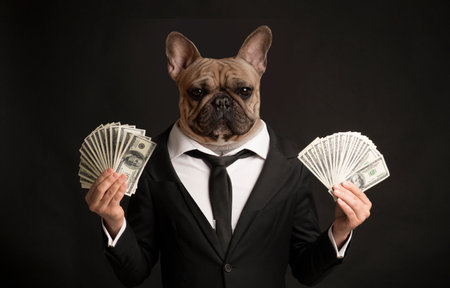 French Bulldog Dressed In Suit Holding Stacks Of Cashの写真素材