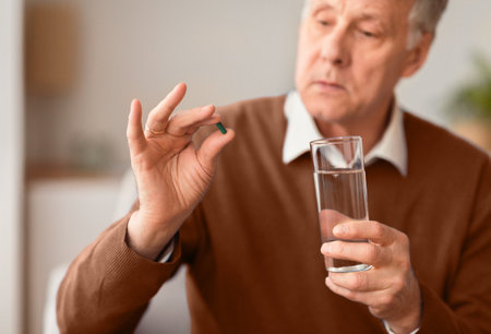 Elderly Man Holding A Pill And Glass Of Water Indoorの写真素材