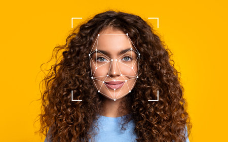 Woman with curly hair smiling against a bright yellow background during daytimeの写真素材