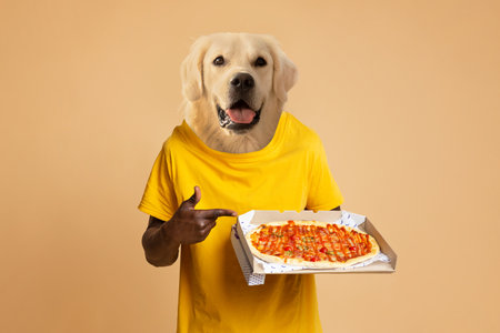 Golden Retriever Playfully Presents Unique Pizza Dish Against Neutral Backgroundの写真素材