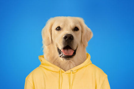 Happy Golden Retriever Wearing Yellow Hoodie Against Bright Blue Background