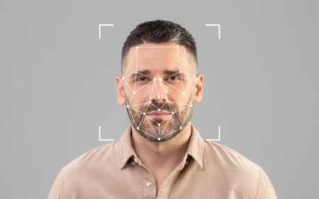 Man participating in facial recognition technology demonstration indoors