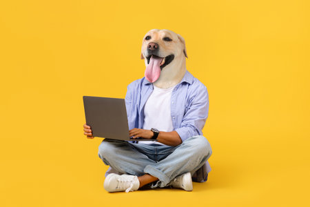Playful Dog-Like Character Working on Laptop Against Bright Yellow Backgroundの写真素材