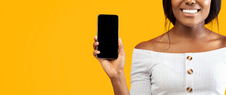 African Woman Showing Phone Screen Over Orange Background, Cropped, Mockup