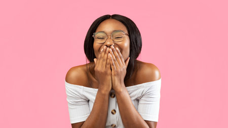 Black Girl Laughing Covering Mouth With Hands, Studio Shot, Panorama