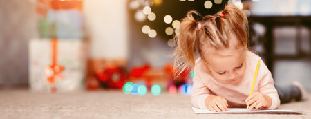 Little girl drawing letter to Santa Clausの写真素材