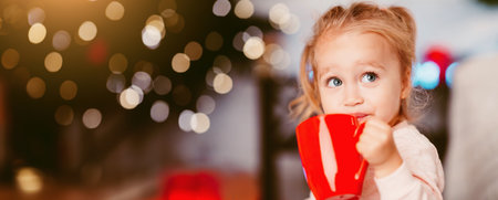 Cute little girl drinking warm cocoa sitting near Christmas treeの写真素材