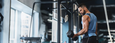 Man lifting dumbbell while exercising at gym during the dayの写真素材