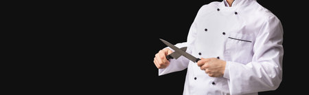 Funny Cook Guy Sharpening Knives Posing In Studio, Panorama,