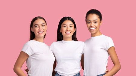 Three Pretty Girls Embracing Smiling To Camera Posing In Studioの写真素材