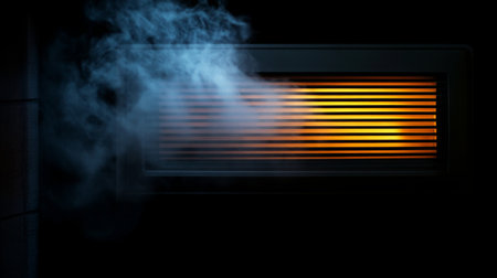 Smoke billowing from a vent while orange light glows in a dimly lit room at nightの素材