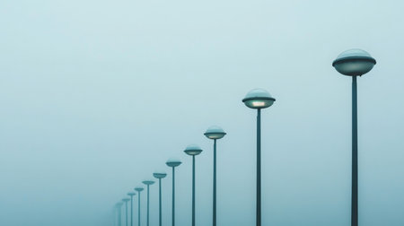 Misty morning landscape featuring street lamps illuminated in dense fog at dawnの素材