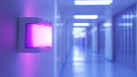 Purple light indicator in a long, empty hospital corridor during late evening hoursの素材