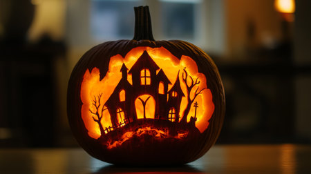 A carved pumpkin with a spooky haunted house design sits on a table, glowing from withinの素材