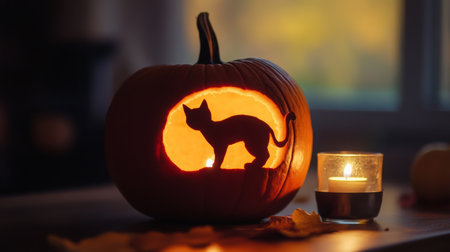 A carved pumpkin with a cat silhouette glowing warmly in a cozy autumn settingの素材
