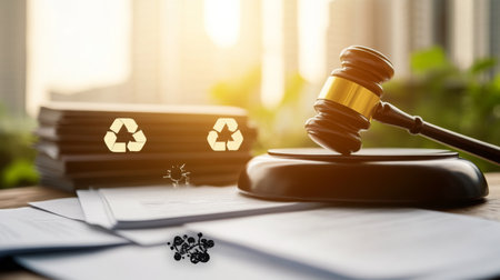 Legal gavel resting on documents with recycling symbol in a modern office settingの素材