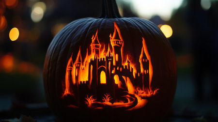 A carved pumpkin glows with an intricate castle designの素材