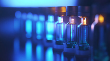 Vials filled with liquid glowing under blue light in a laboratory setting at nightの素材
