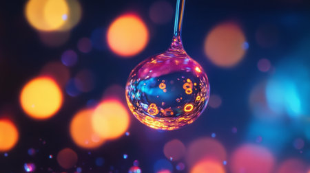 Colorful water droplet reflecting vibrant bokeh lights in a serene abstract settingの素材