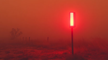 A solitary red warning light illuminates a foggy landscape at dusk near a rural areaの素材
