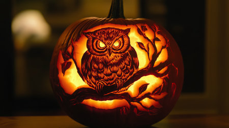 A carved pumpkin with an owl design is illuminated from withinの素材