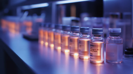 Glass vials of liquid medicine are lined up on a tableの素材