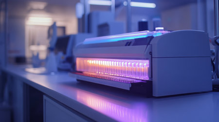 High-tech laboratory equipment illuminating test tubes in modern science facility at nightの素材