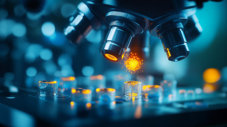 A microscope lens focuses on a sample, illuminating it with a bright lightの素材