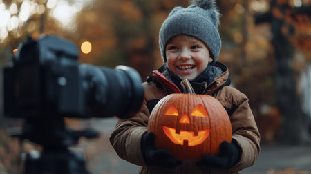 A joyful child holds a carved pumpkin while posing for a camera in an autumn parkの素材