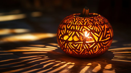 A carved pumpkin sits on a table, lit from within and casting intricate shadowsの素材