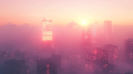 A city skyline at sunrise, with tall buildings disappearing into the pink fogの素材