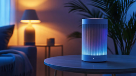 Modern smart speaker illuminating a cozy room with soft ambient lighting in the eveningの素材