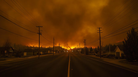 A street is illuminated by the glow of a nearby wildfireの素材