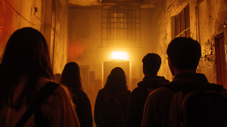 Group of individuals exploring a dimly lit abandoned building during twilight hoursの素材