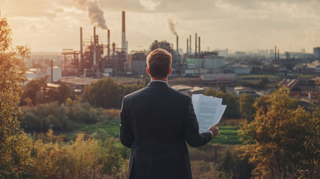 Businessman reviewing documents while overlooking industrial area during sunsetの素材