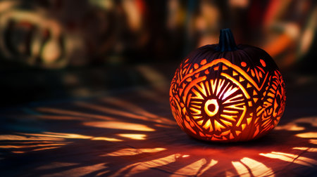 Carved pumpkin illuminated at night showcasing intricate designs and vibrant shadowsの素材