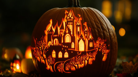Intricate castle design carved into a pumpkin, illuminated for Halloween celebrationsの素材
