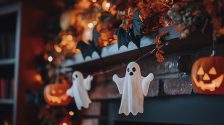 A cozy Halloween fireplace decorated with ghosts, bats, and glowing pumpkinsの素材