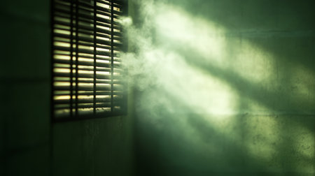 Sunlight streaming through barred window illuminating a dimly lit room with smokeの素材