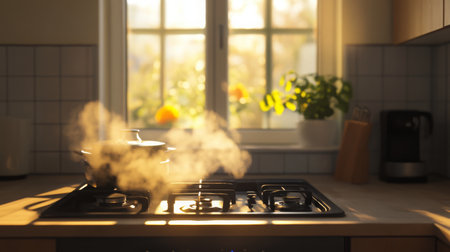 Steam rises from a pot on the stove in a sunlit kitchen filled with greenery and warmthの素材