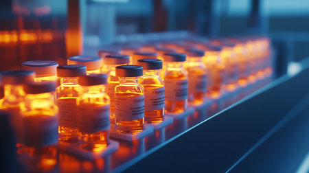 Glowing vaccine vials on a production line in a modern laboratory at duskの素材