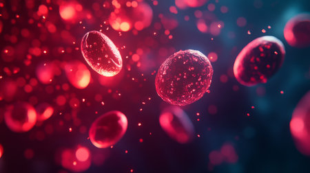 Red blood cells float in a vibrant and colorful microscopic view against a dark backgroundの素材