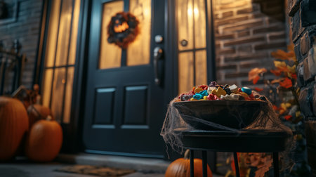 A bowl of candy sits on a table outside a house, ready for trick-or-treatersの素材