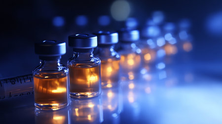 A row of vials with a clear amber liquid sits on a blue surfaceの素材