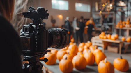 Capturing autumn vibes at a pumpkin patch during a festive gathering in Octoberの素材