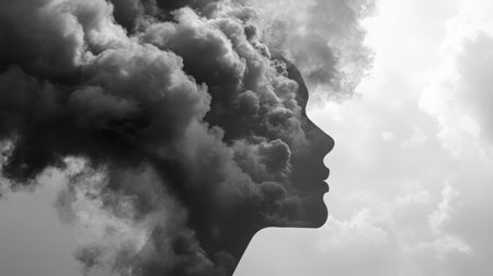 A silhouette of a woman emerges from dark, swirling clouds, blending with the skyの素材